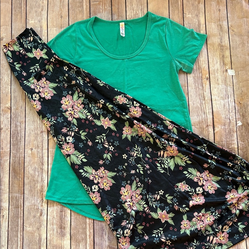 LuLaRoe Green Top and Floral Black Maxi skirt